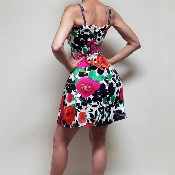 B. Smart Abstract Watercolor Floral Sweetheart V-neck Pin-up A-line Mini Dress - Picture 3 of 14